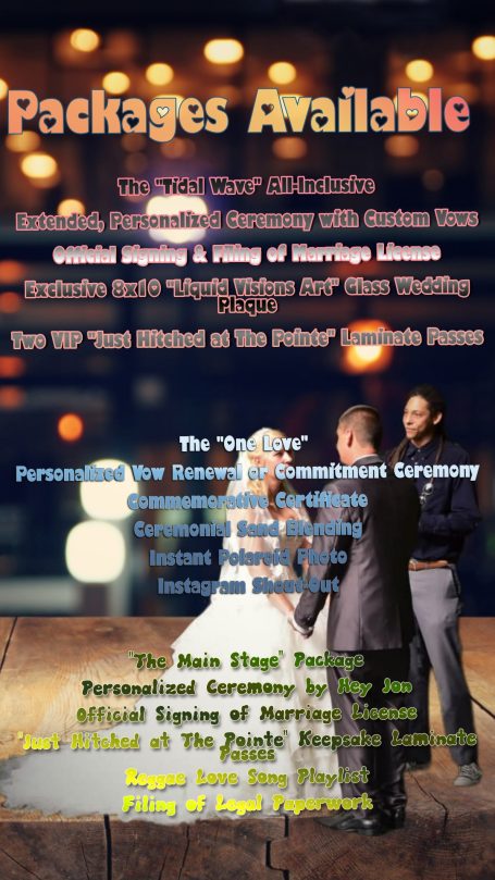 Promotional flyer for event packages, featuring text and a blurred background of people.